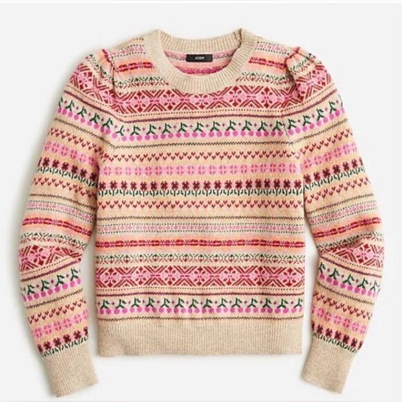 J.CREW FAIR ISLE SWEATER PUFF SLEEVE 
COTTAGECORE CHERRIES L - Picture 1 of 6
